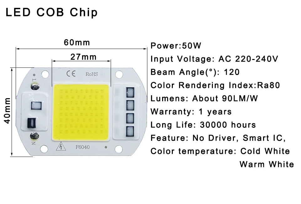 LED Chip COB lamp 10W 20W 30W 50W AC 220V 240V IP65 Smart IC No Need Driver DIY Flood light Led Bulb Spotlight Outdoor Lamp bead